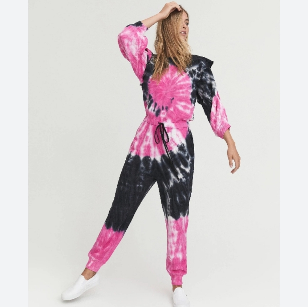 🌟 Something Navy Meghan Pink & Black Tie Dye Ruffle Jumpsuit L 🌟